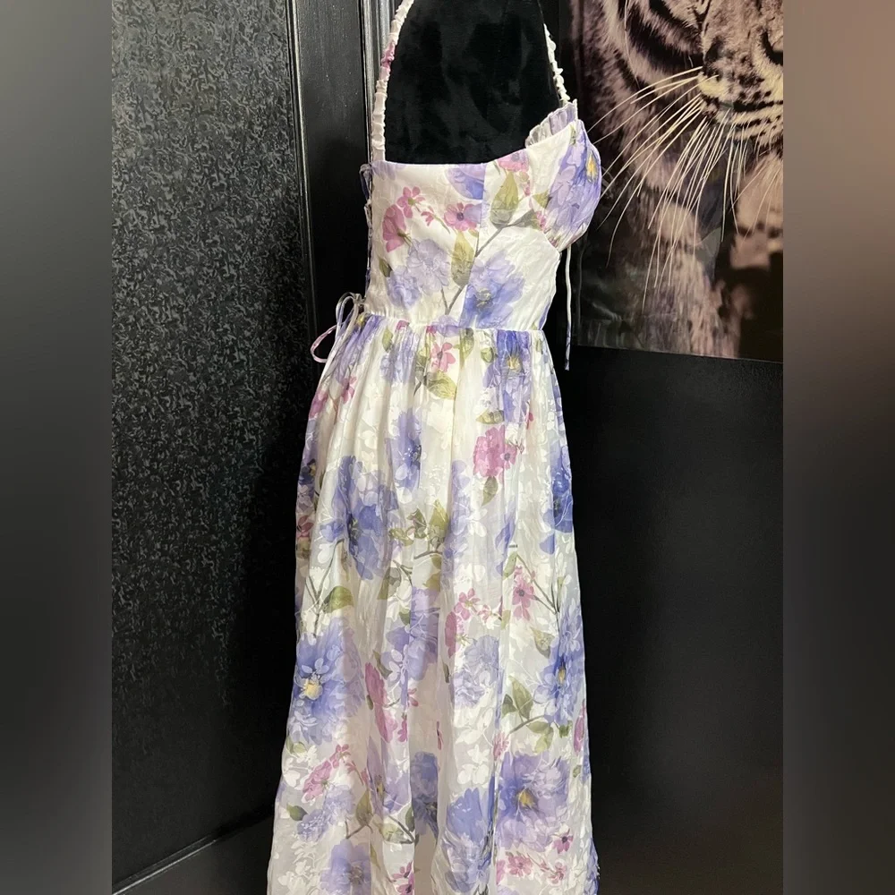 💜LULUS Hillela Ivory Floral Ruffled Lace-Up Midi Skater Dress💜SZ L- NWT - Picture 9 of 16
